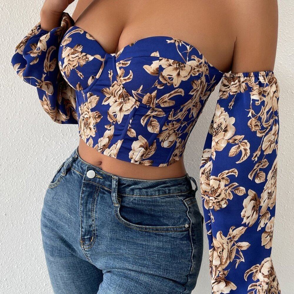 Multicolor Boho Women's Off Shoulder Floral Print Lantern Sleeve Crop Top - Picture 3 of 6